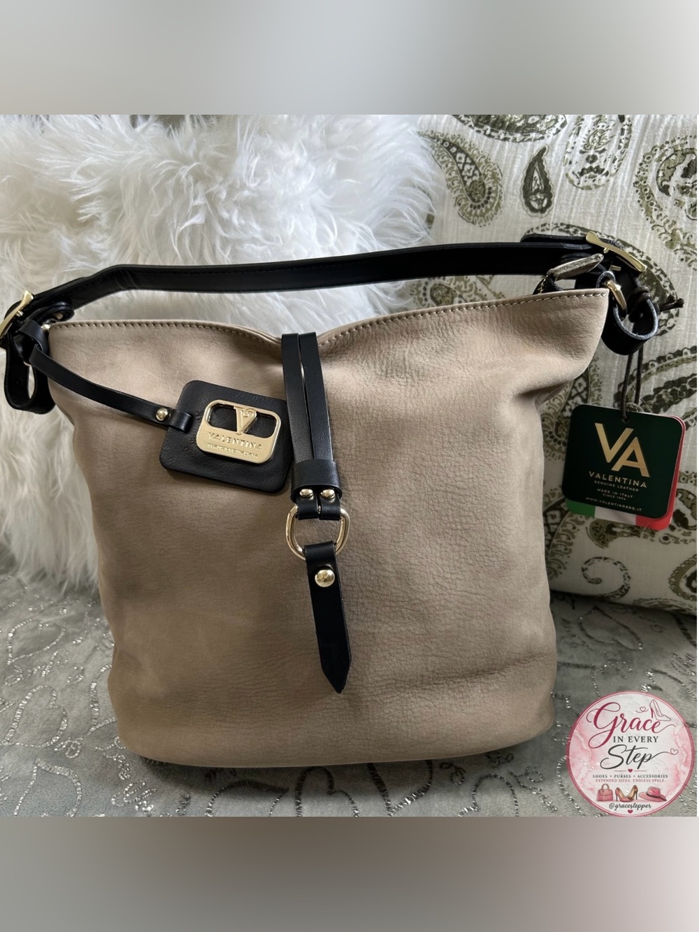 NWT Valentino, Medium, Beige, Shoulder Bag with Black Strap and Gold Hardware